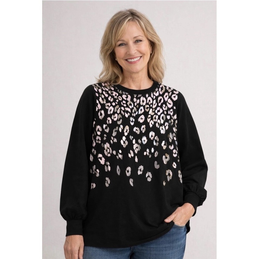 Chico's‎ Zenergy Sweatshirt Woman Sz 0 4/5 Cheetah Print Graphic Black Balloon